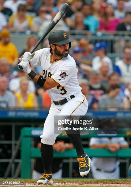 Sean Rodriguez of the Pittsburgh Pirates in action against the Chicago Cubs at PNC Park on May 29, 2018 in Pittsburgh, Pennsylvania.