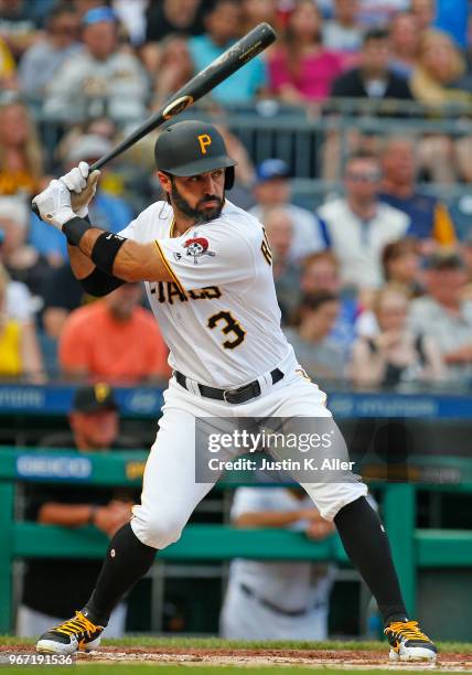 Sean Rodriguez of the Pittsburgh Pirates in action against the Chicago Cubs at PNC Park on May 29, 2018 in Pittsburgh, Pennsylvania.
