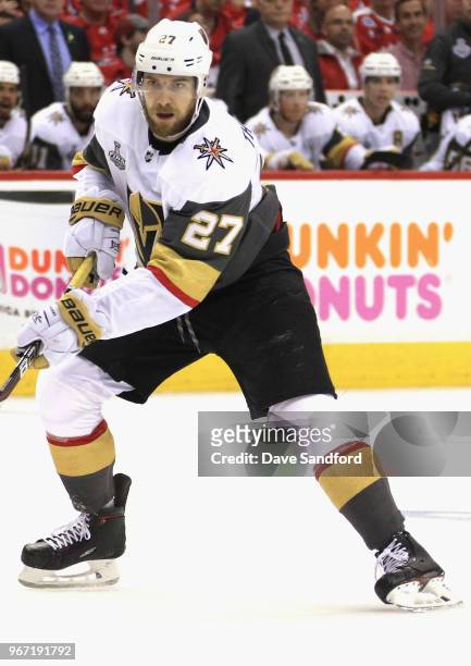 Shea Theodore of the Vegas Golden Knights plays in Game Three of the 2018 NHL Stanley Cup Final against the Washington Capitals at Capital One Arena...
