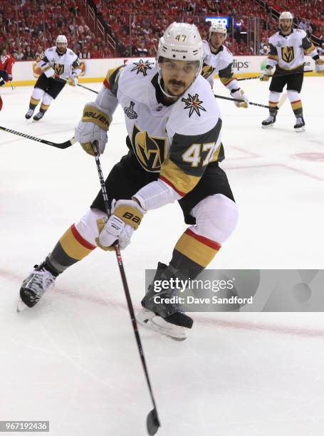 Luca Sbisa of the Vegas Golden Knights plays in Game Three of the 2018 NHL Stanley Cup Final against the Washington Capitals at Capital One Arena on...