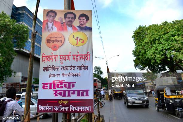 Hoardings put by Shiv Sena supporters in preparation for the 50th anniversary celebrations of Shiv Sena on June 17, 2016 in Mumbai, India. Shiv Sena...