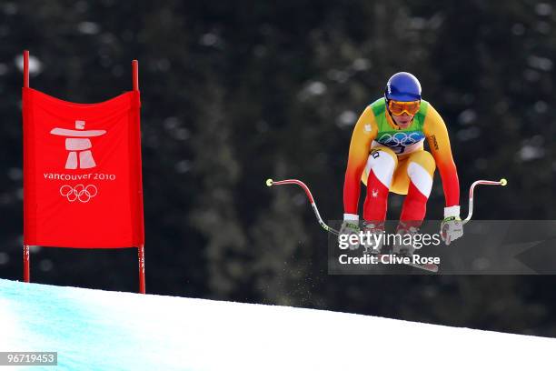 Erik Guay of Canada competes in the Alpine skiing Men's Downhill at Whistler Creekside during the Vancouver 2010 Winter Olympics on February 15, 2010...