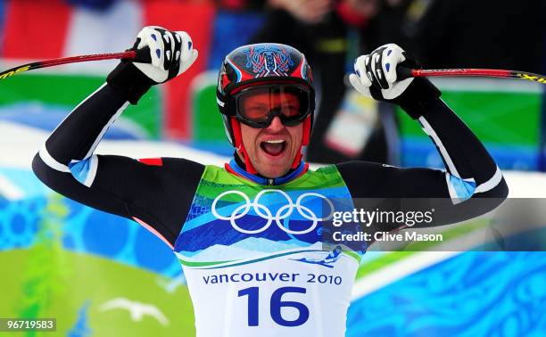 Aksel Lund Svindal of Norway reacts after competing in the Alpine skiing Men's Downhill at Whistler Creekside during the Vancouver 2010 Winter...