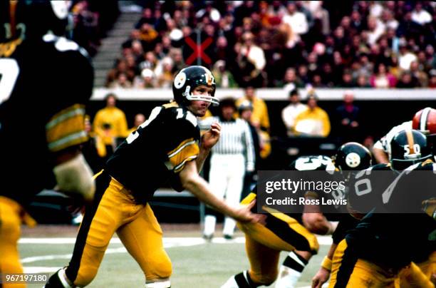 Terry Bradshaw, quarterback for the Pittsburgh Steelers, during an NFL football game between the Pittsburgh Steelers and the Cleveland Browns on...