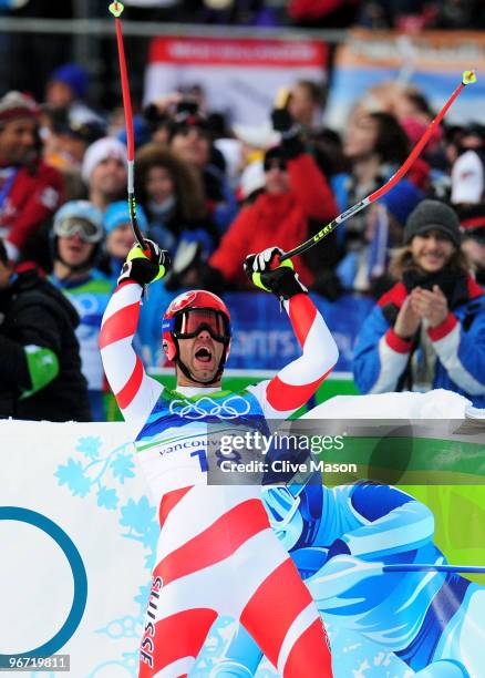 Didier Defago of Switzerland reacts after competing in the Alpine skiing Men's Downhill at Whistler Creekside during the Vancouver 2010 Winter...
