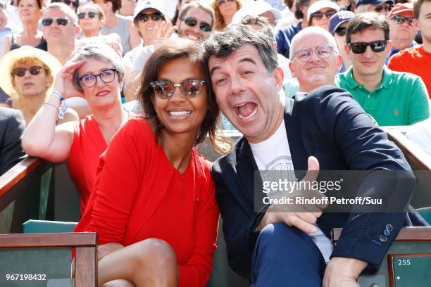 Hosts Karine Le Marchand and Stephane Plaza attend the 2018 French Open - Day Nine at Roland Garros on June 4, 2018 in Paris, France.