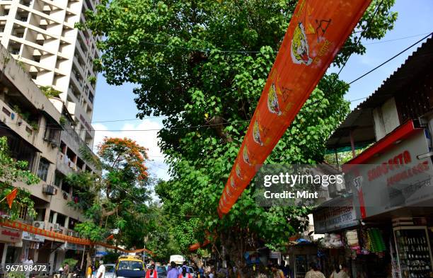 Banners and flags around Mumbai two days before the 50th anniversary celebrations of Shiv Sena on June 17, 2016 in Mumbai, India. Shiv Sena was...