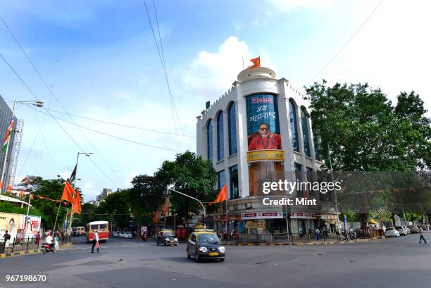 Shiv Sena Headquarters decorated with party flags and banners two days before the 50th anniversary celebrations of Shiv Sena on June 17, 2016 in...