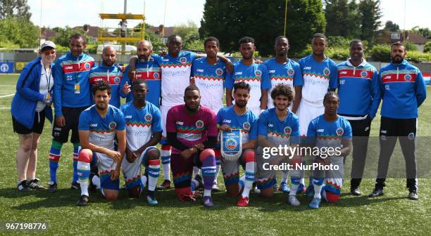 Barawa Team shoot during Conifa Paddy Power World Football Cup 2018 Group A match between Barawa against Ellan Vannin at Coles Park Stadium ),...