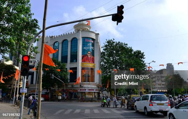 Shiv Sena Headquarters decorated with party flags and banners two days before the 50th anniversary celebrations of Shiv Sena on June 17, 2016 in...