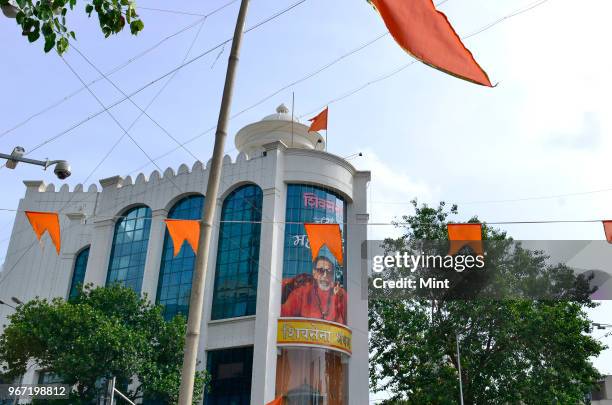 Shiv Sena Headquarters decorated with party flags and banners two days before the 50th anniversary celebrations of Shiv Sena on June 17, 2016 in...