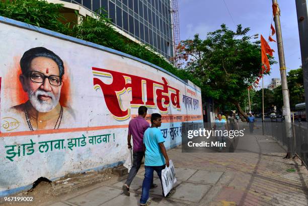 Walls painted with pictures of Bala Saheb Thakrey around Mumbai two days before the 50th anniversary celebrations of Shiv Sena on June 17, 2016 in...