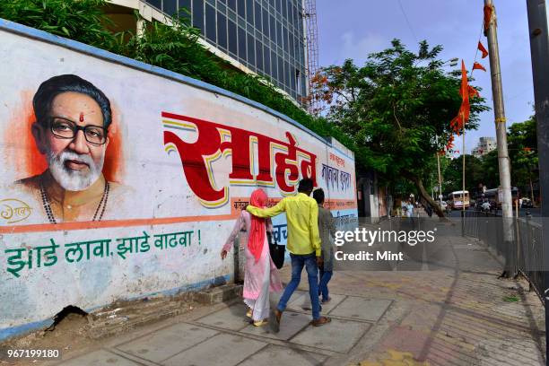 Walls painted with pictures of Bala Saheb Thakrey around Mumbai two days before the 50th anniversary celebrations of Shiv Sena on June 17, 2016 in...