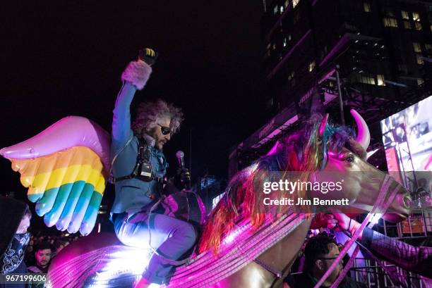 Singer and guitarist Wayne Coyne of The Flaming Lips rides a unicorn through the audience during Upstream Music Festival at Pioneer Square on June 3,...