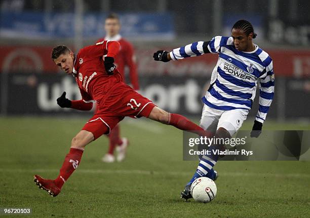 Caiuby of Duisburg and Ivo Ilicevic of Kaiserslautern battle for the ball during the Second Bundesliga match between MSV Duisburg and 1. FC...