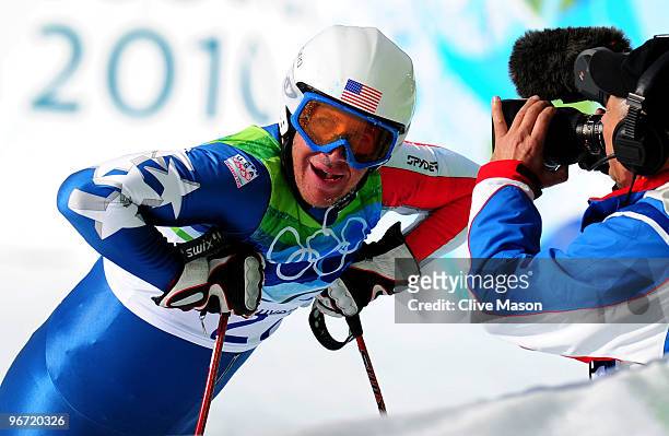 Marco Sullivan of the United States looks on after competing in the Alpine skiing Men's Downhill at Whistler Creekside during the Vancouver 2010...