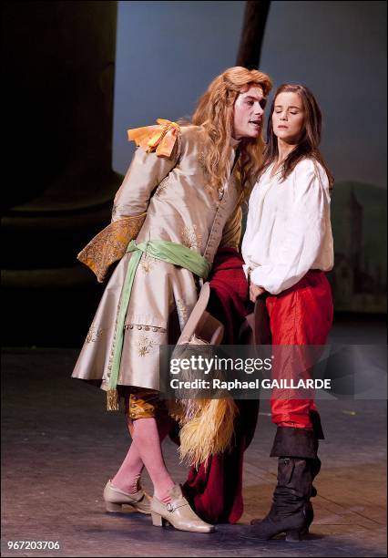 Loic Corbery and Suliane Brahim from The Comedie Francaise troupe perform "Dom Juan ou le Festin de Pierre" of Moliere on September 14, 2012 in Paris...