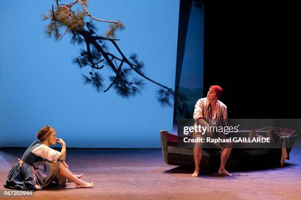 Julie Sicard and Jeremy Lopez from The Comedie Francaise troupe perform "Dom Juan ou le Festin de Pierre" of Moliere on September 14, 2012 in Paris...