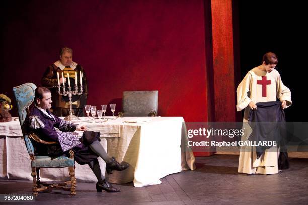 Loic Corbery , Serge Bagdassarian and Suliane Brahim from The Comedie Francaise troupe perform "Dom Juan ou le Festin de Pierre" of Moliere on...