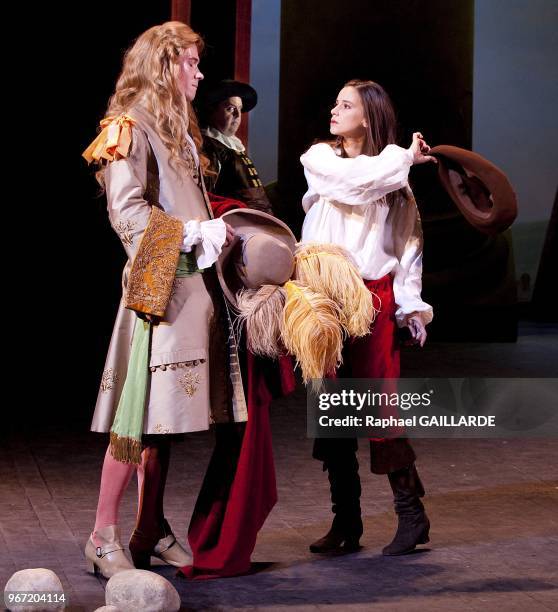 Loic Corbery and Suliane Brahim from The Comedie Francaise troupe perform "Dom Juan ou le Festin de Pierre" of Moliere on September 14, 2012 in Paris...