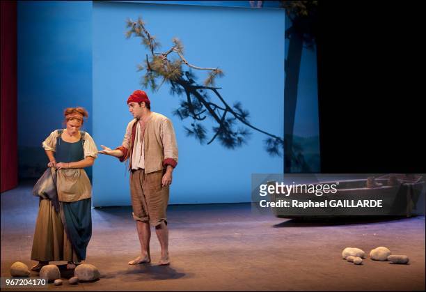 Julie Sicard ;Suliane Brahim and Jeremy Lopez from The Comedie Francaise troupe perform "Dom Juan ou le Festin de Pierre" of Moliere on September 14,...