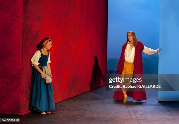 Loic Corbery and Julie Sicard from The Comedie Francaise troupe perform "Dom Juan ou le Festin de Pierre" of Moliere on September 14, 2012 in Paris...