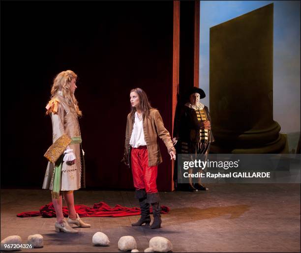 Loic Corbery , Serge Bagdassarian and Suliane Brahim from The Comedie Francaise troupe perform "Dom Juan ou le Festin de Pierre" of Moliere on...