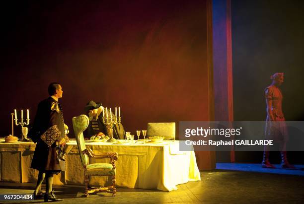 Loic Corbery , Serge Bagdassarian and Michel Rucheton from The Comedie Francaise troupe perform "Dom Juan ou le Festin de Pierre" of Moliere on...