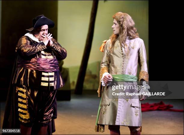 Loic Corbery and Serge Bagdassarian from The Comedie Francaise troupe perform "Dom Juan ou le Festin de Pierre" of Moliere on September 14, 2012 in...