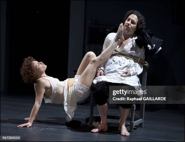 The Comedie Francaise "Theatre Ephemere" performs "Une Puce, Epargnez-la" of Naomi wallace directed by Anne-Laure Liegeois on April 24, 2012 in Paris...