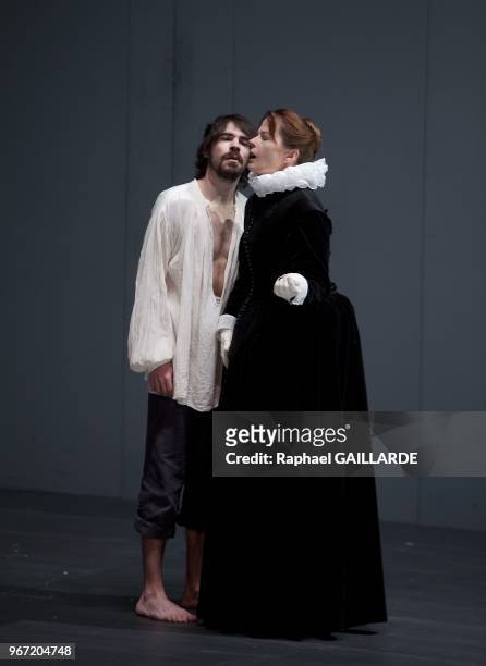 The Comedie Francaise "Theatre Ephemere" performs "Une Puce, Epargnez-la" of Naomi wallace directed by Anne-Laure Liegeois on April 24, 2012 in Paris...