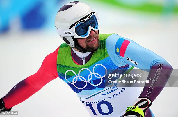 Marco Buechel of Liechtenstein looks on during the Alpine skiing Men's Downhill at Whistler Creekside during the Vancouver 2010 Winter Olympics on...