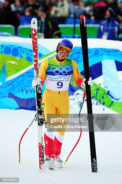 Erik Guay of Canada looks on after competing in the Alpine skiing Men's Downhill at Whistler Creekside during the Vancouver 2010 Winter Olympics on...