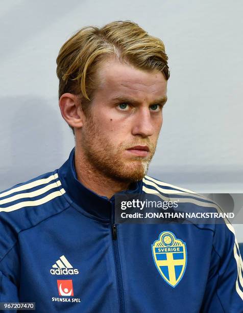 Sweden's defender Filip Helander is pictured prior to the international friendly footbal match Sweden v Denmark in Solna, Sweden on June 2, 2018.