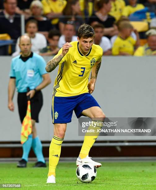 Sweden's defender Victor Nilsson-Lindelof controls the ball during the international friendly footbal match Sweden v Denmark in Solna, Sweden on June...