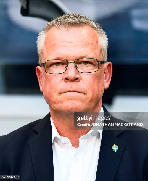 Sweden's head coach Janne Andersson is pictured prior to the international friendly footbal match Sweden v Denmark in Solna, Sweden on June 2, 2018.