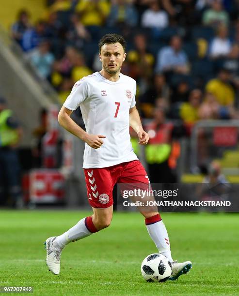 Denmark's midfielder William Vitved Kvist controls the ball during the international friendly footbal match Sweden v Denmark in Solna, Sweden on June...