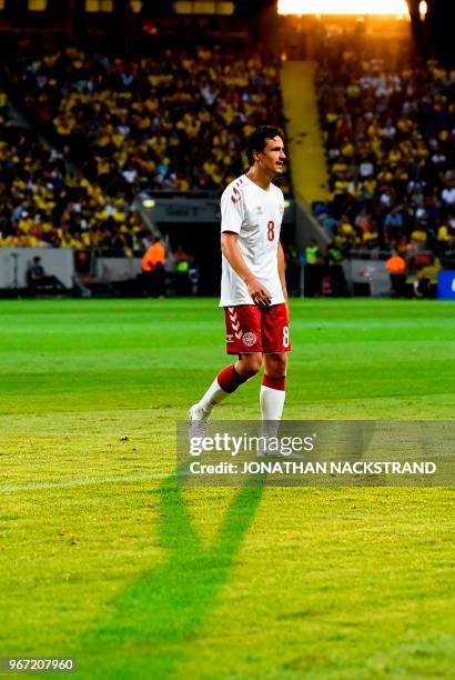 Denmark's midfielder Thomas Delaney is pictured during the international friendly footbal match Sweden v Denmark in Solna, Sweden on June 2, 2018.