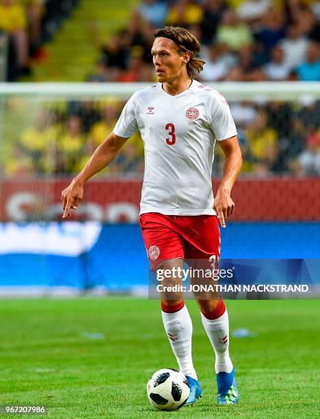 Denmark's defender Jannik Vestergaard controls the ball during the international friendly footbal match Sweden v Denmark in Solna, Sweden on June 2,...