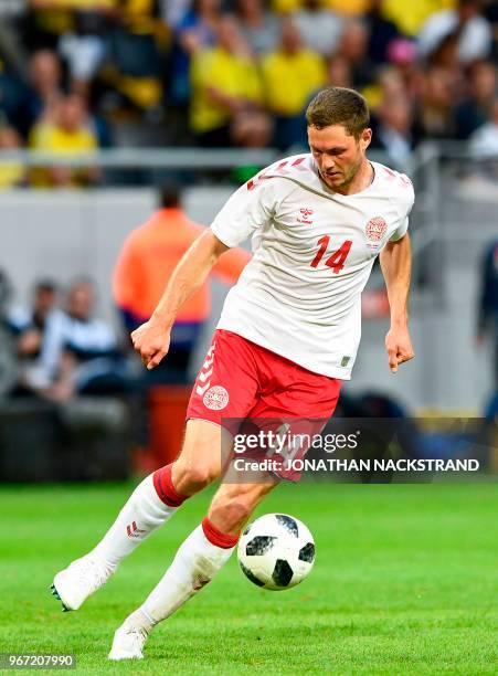 Denmark's defender Henrik Dalsgaard controls the ball during the international friendly footbal match Sweden v Denmark in Solna, Sweden on June 2,...