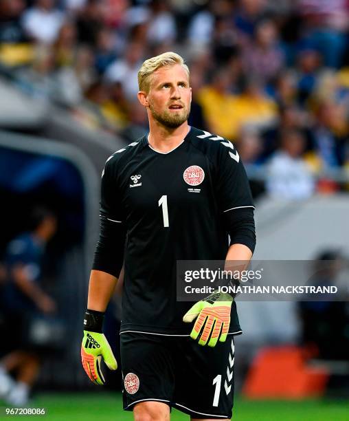 Denmark's goalkeeper Kasper Schmeichel is pictured during the international friendly footbal match Sweden v Denmark in Solna, Sweden on June 2, 2018.