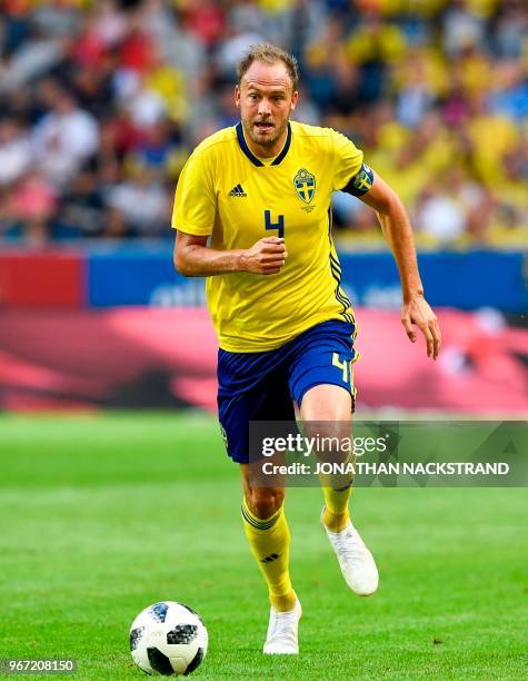 Sweden's defender Andreas Granqvist controls the ball during the international friendly footbal match Sweden v Denmark in Solna, Sweden on June 2,...