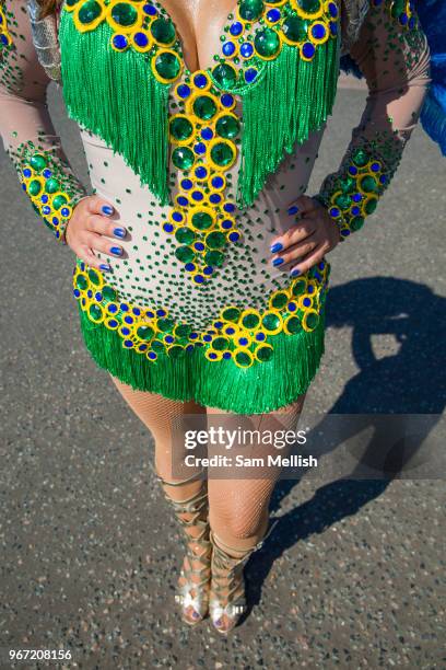 Carla Rezende, A Brazilian Passista during the Brighton Pride Parade on 6th August 2016 in Brighton in the United Kingdom.