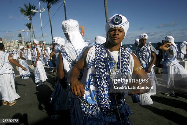 Members of Filhos de Gandhi during their parade at Osmar circuit on February 15, 2010 in Salvador, Brazil. Photo by Lunae Parracho/LatinContent via...