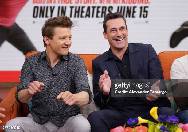 Actors Jeremy Renner and Jon Hamm are seen on the set of "Despierta America" at Univision Studios to promote the film "TAG" on June 4, 2018 in Miami,...