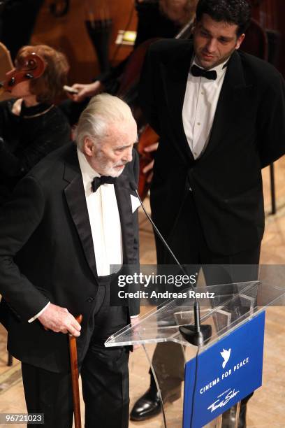 Sir Christopher Lee speaks onstage during the Annual Cinema For Peace Gala during day five of the 60th Berlin International Film Festival at the...