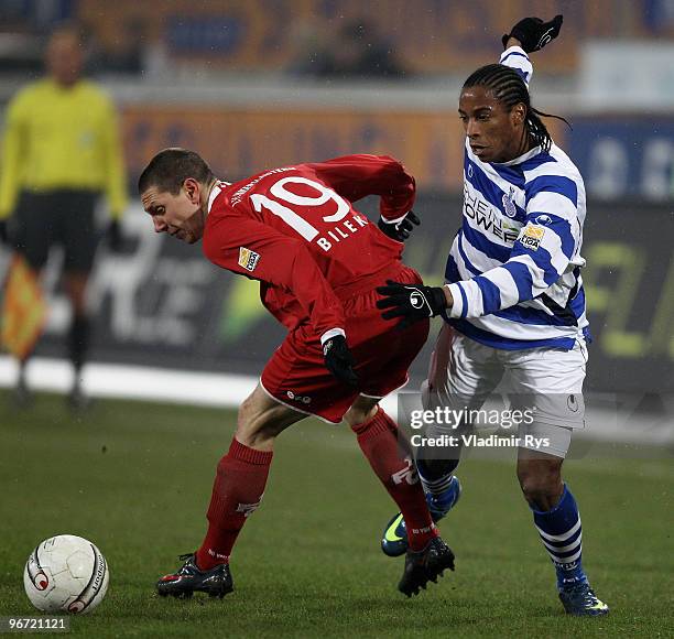 Caiuby of Duisburg and Jiri Bilek of Kaiserslautern battle for the ball during the Second Bundesliga match between MSV Duisburg and 1. FC...