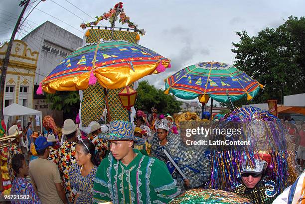 Revelers participate of the Encontro de Maracatu in Nazaré da Mata on February 15, 2010 in Pernambuco, Brazil.