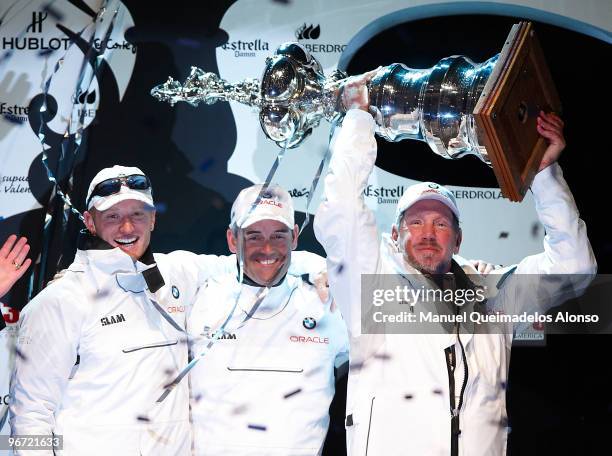 Oracle's helmsman, James Spithill of Australia, BMW Oracle Racing CEO and skipper Russell Coutts of New Zealand, and Oracle Corporation CEO Larry...