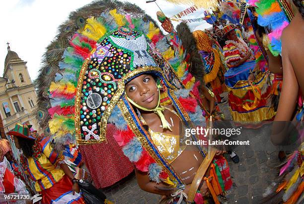 Revelers participate of the Encontro de Maracatu in Nazaré da Mata on February 15, 2010 in Pernambuco, Brazil.